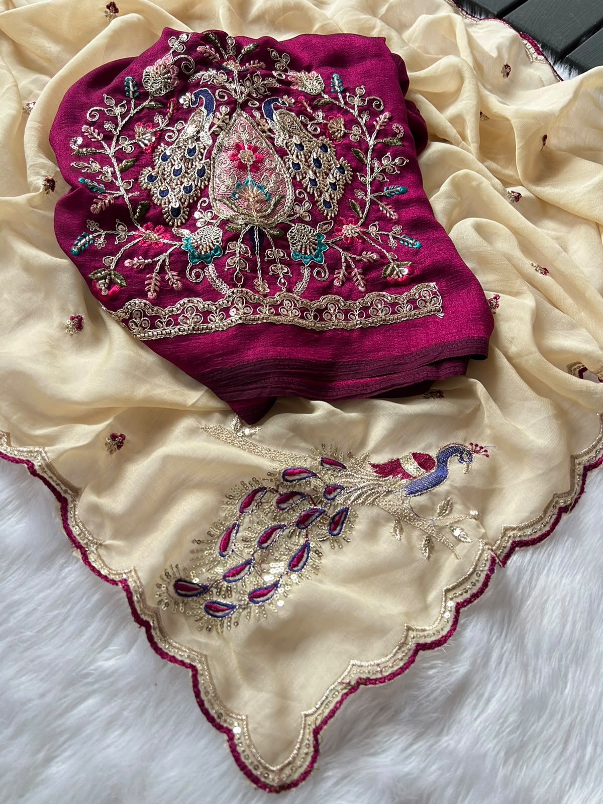 Regal Wedding Wear Georgette Embroidery Work Designer Saree With Contrast Blouse Piece