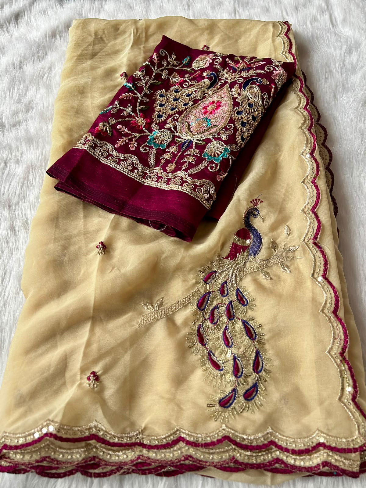 Regal Wedding Wear Georgette Embroidery Work Designer Saree With Contrast Blouse Piece