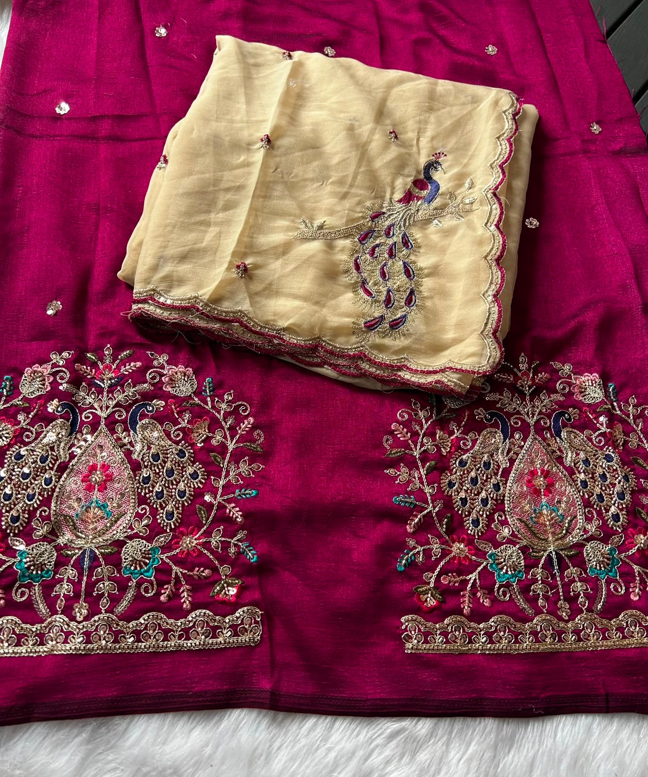 Regal Wedding Wear Georgette Embroidery Work Designer Saree With Contrast Blouse Piece