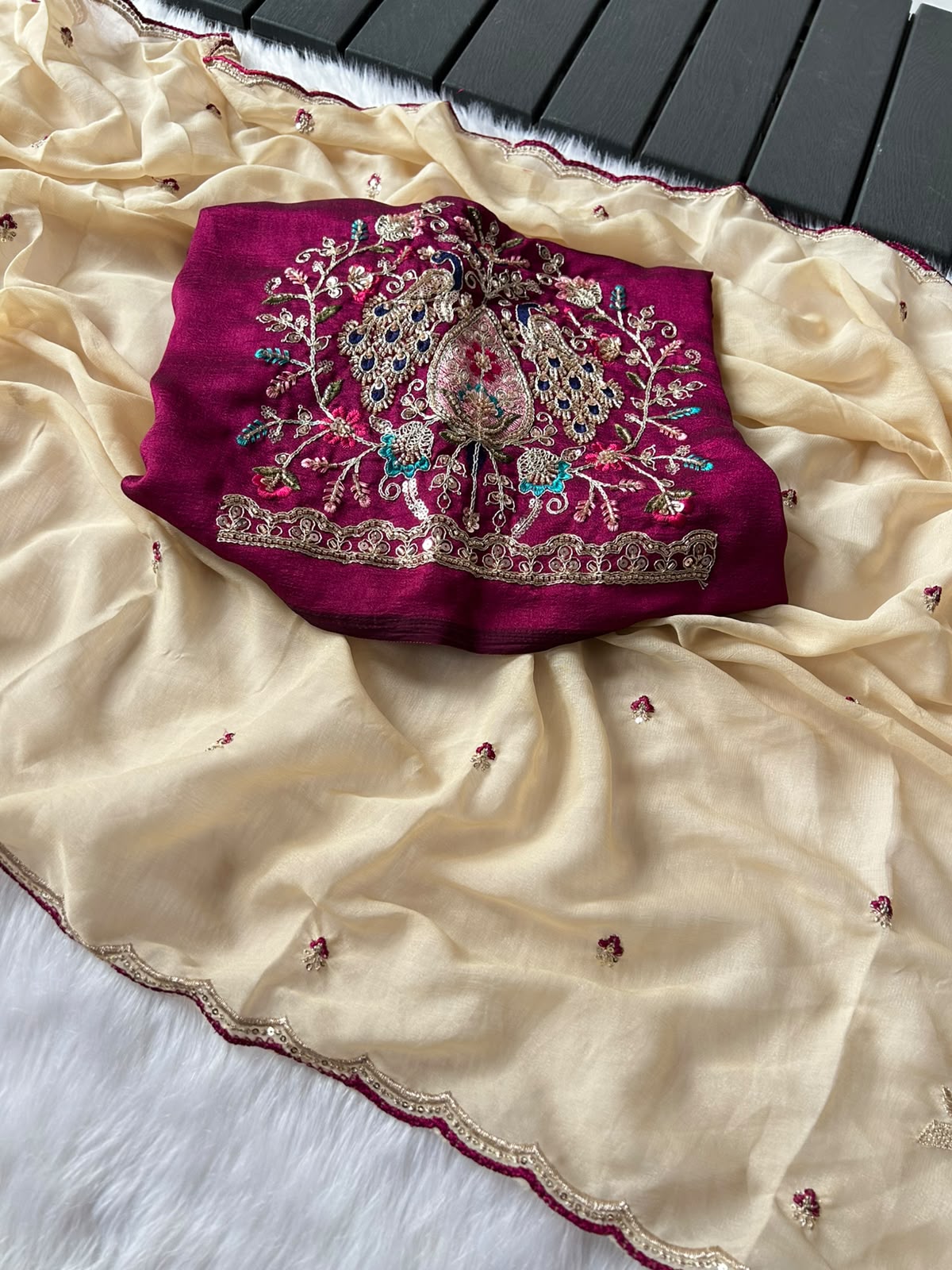 Regal Wedding Wear Georgette Embroidery Work Designer Saree With Contrast Blouse Piece