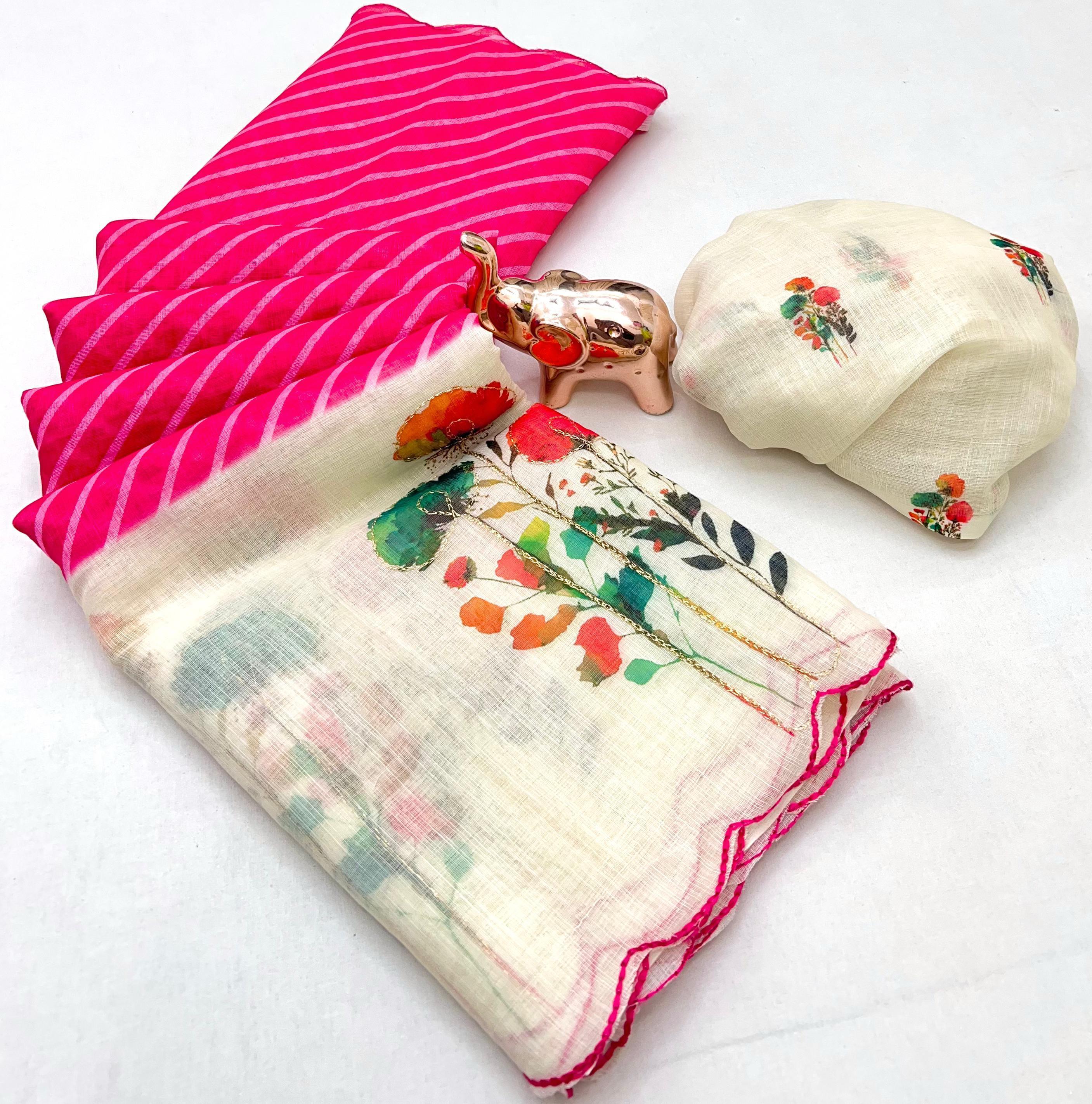 Scrupulous Function Wear Linen Cotton Digital Print n Thread Work Designer Saree With Blissfull Blouse Piece