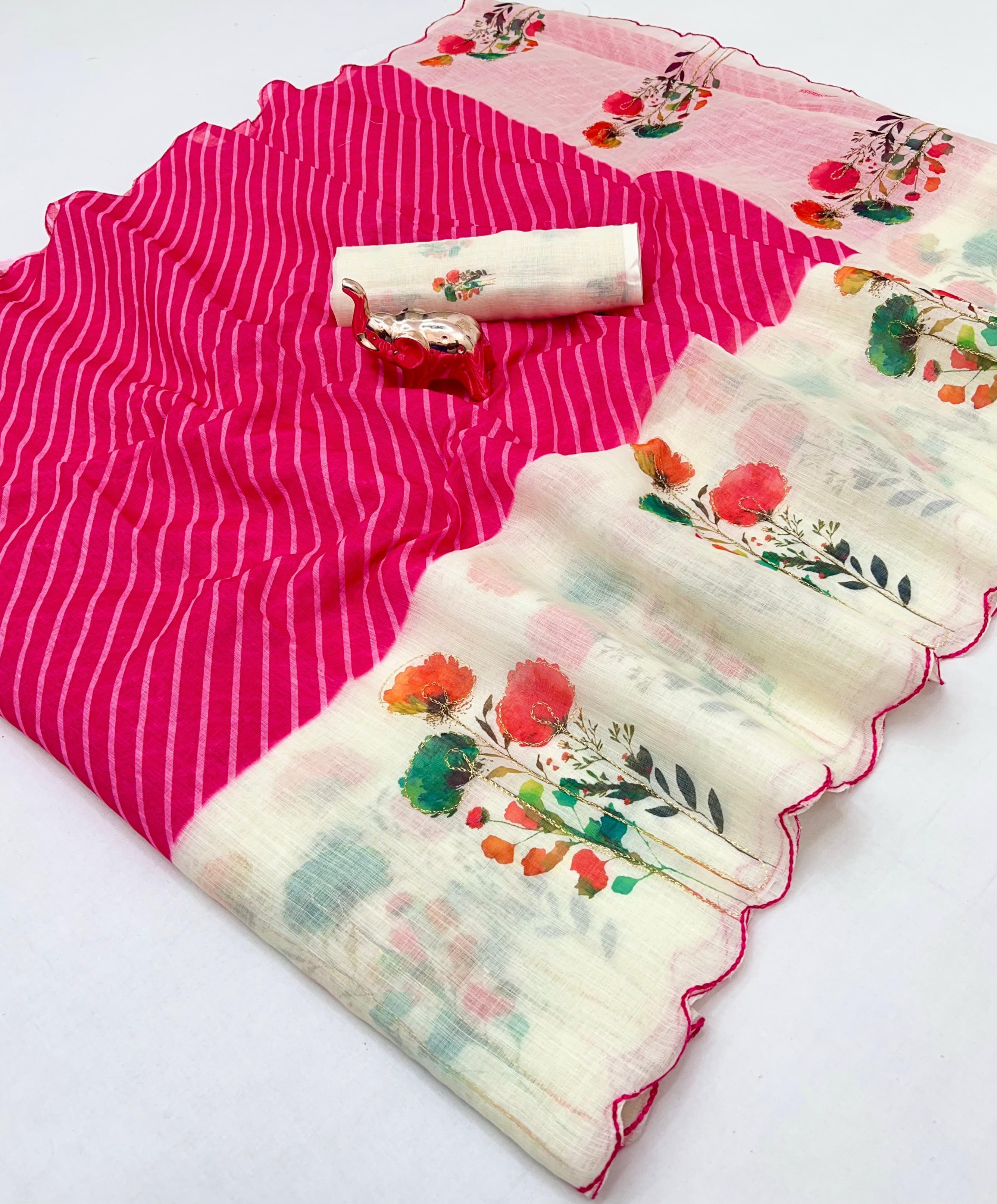 Scrupulous Function Wear Linen Cotton Digital Print n Thread Work Designer Saree With Blissfull Blouse Piece