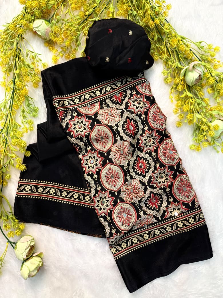 Scrupulous Function Wear Soft Silk Ajrak Print Mirror Work n Rich Pallu Designer Saree
