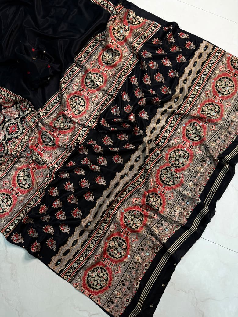 Scrupulous Function Wear Soft Silk Ajrak Print Mirror Work n Rich Pallu Designer Saree
