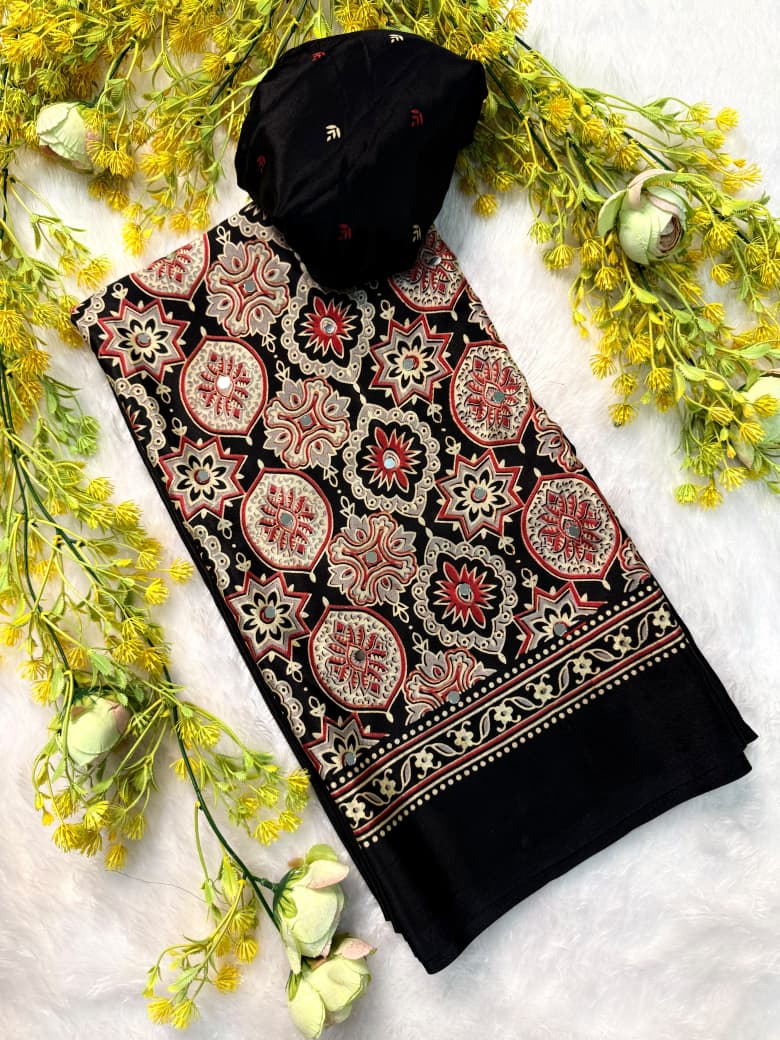 Scrupulous Function Wear Soft Silk Ajrak Print Mirror Work n Rich Pallu Designer Saree