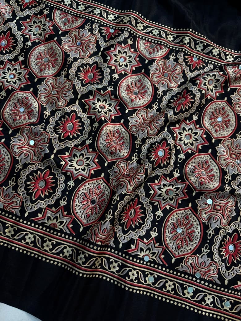 Scrupulous Function Wear Soft Silk Ajrak Print Mirror Work n Rich Pallu Designer Saree