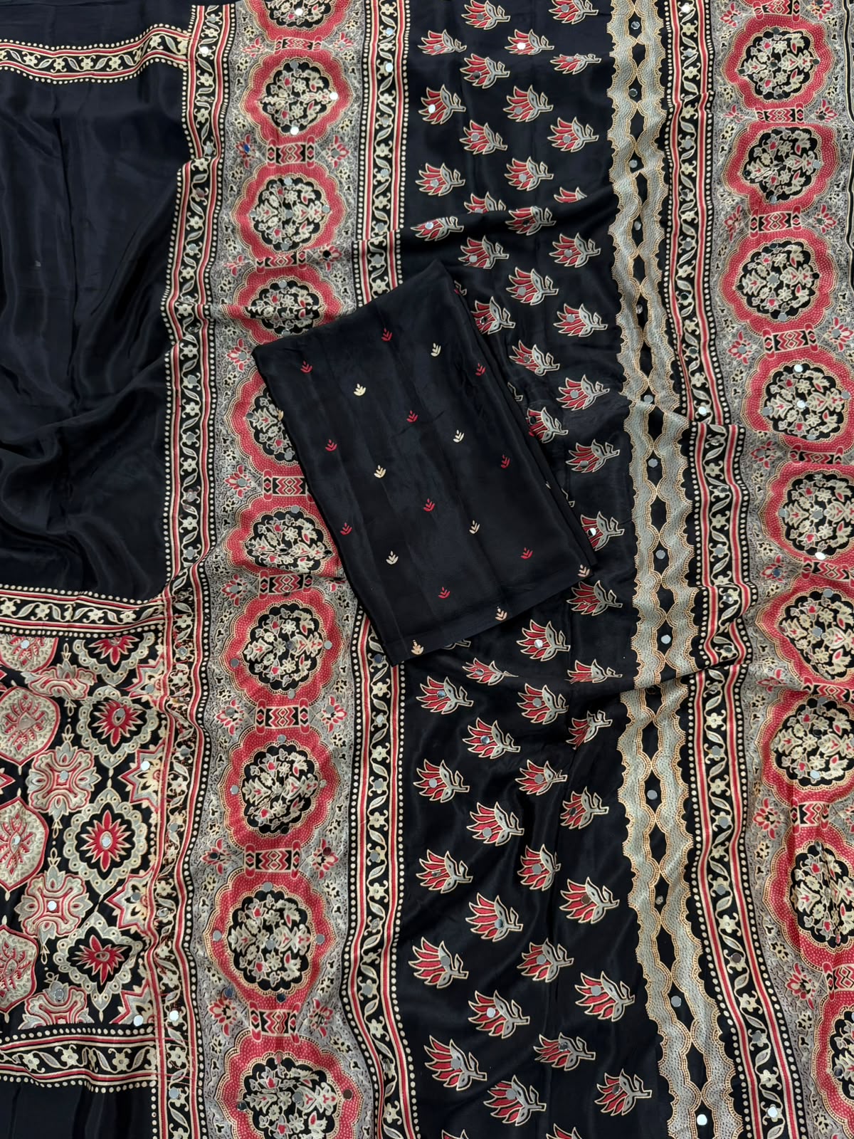 Scrupulous Function Wear Soft Silk Ajrak Print Mirror Work n Rich Pallu Designer Saree