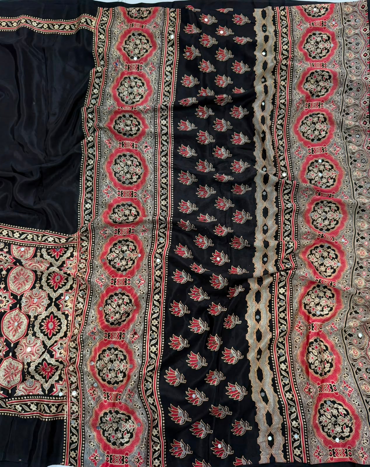Scrupulous Function Wear Soft Silk Ajrak Print Mirror Work n Rich Pallu Designer Saree