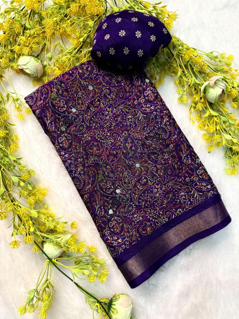Marvellous Party Wear Soft Silk Jacquard Weaving Border n Mirror Work Designer Saree With Blouse Piece