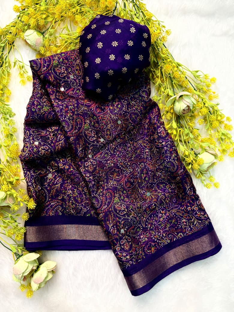 Marvellous Party Wear Soft Silk Jacquard Weaving Border n Mirror Work Designer Saree With Blouse Piece