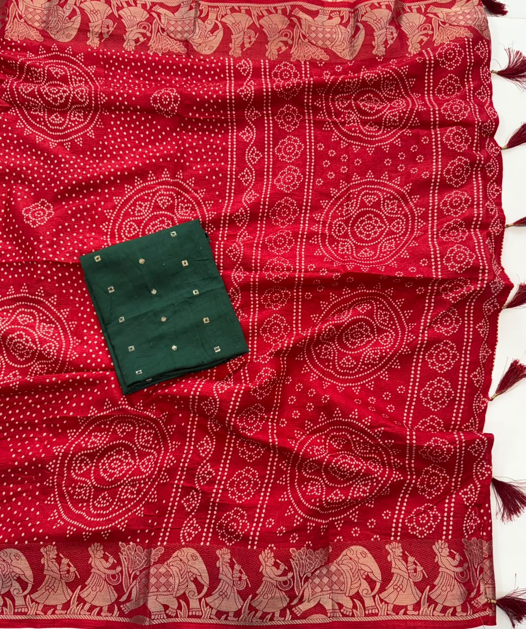 Evocative Festive Wear Dola Silk Bandhani Print Zari Border Fancy Saree With Contrast Blouse Piece