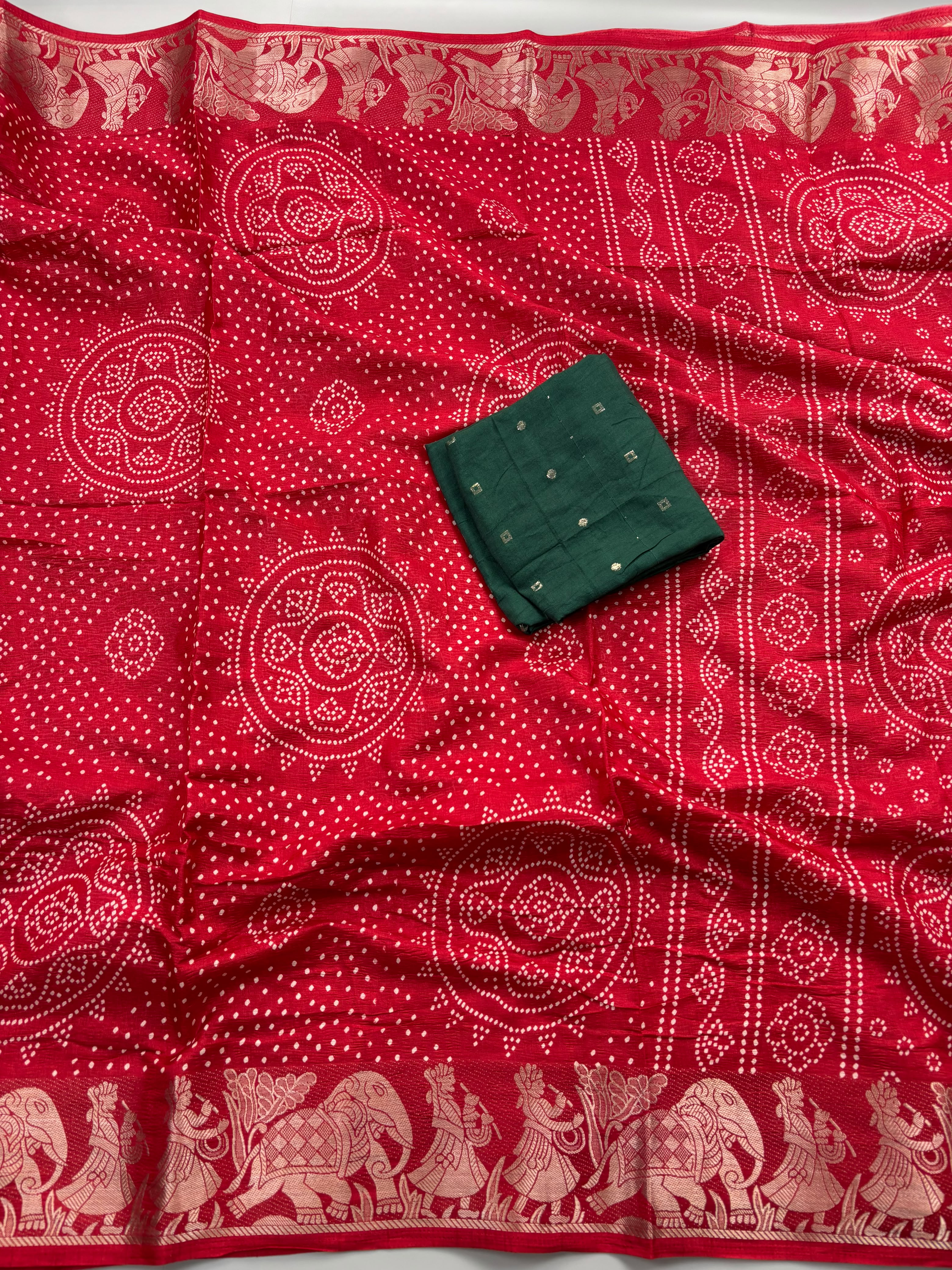 Evocative Festive Wear Dola Silk Bandhani Print Zari Border Fancy Saree With Contrast Blouse Piece