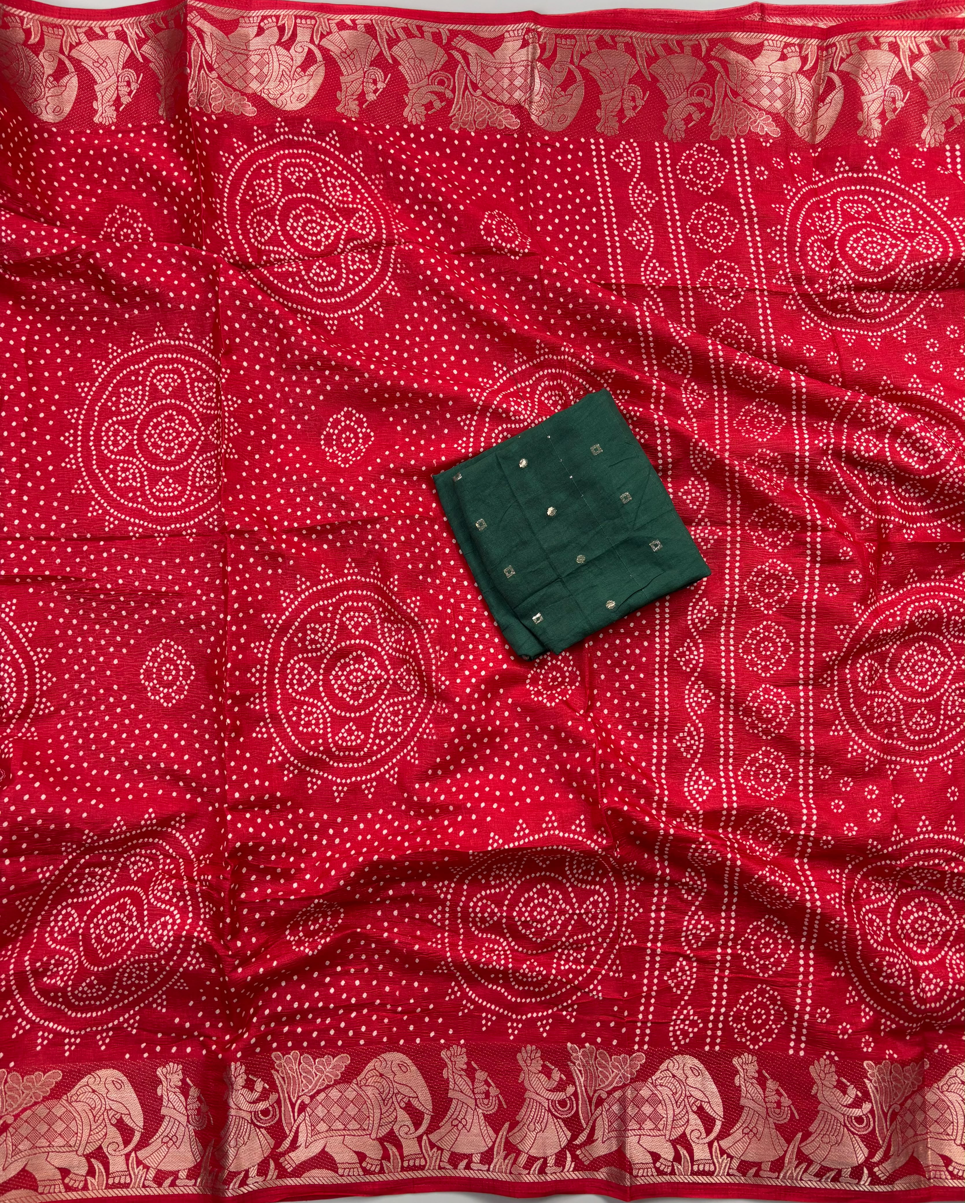Evocative Festive Wear Dola Silk Bandhani Print Zari Border Fancy Saree With Contrast Blouse Piece
