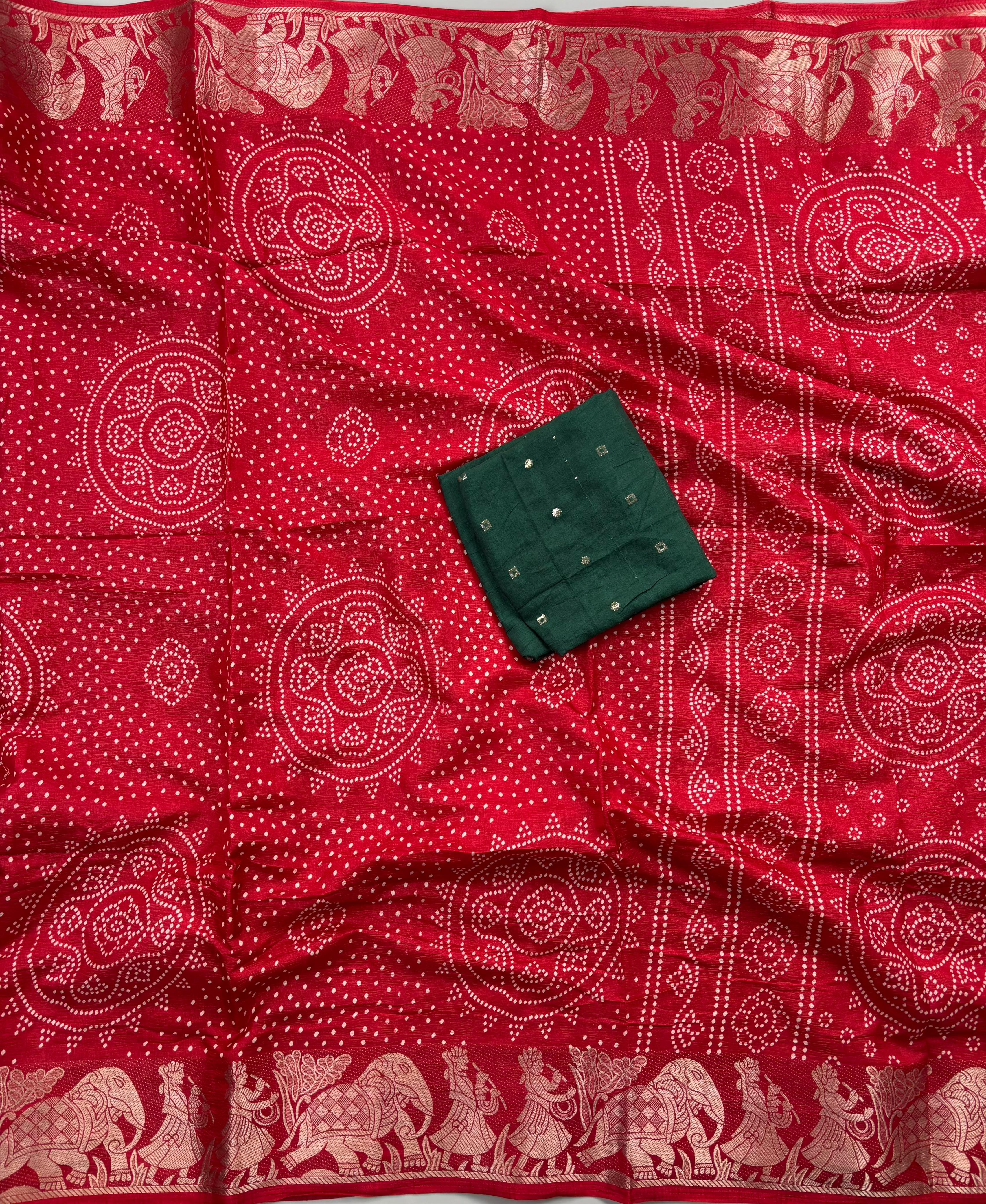 Evocative Festive Wear Dola Silk Bandhani Print Zari Border Fancy Saree With Contrast Blouse Piece