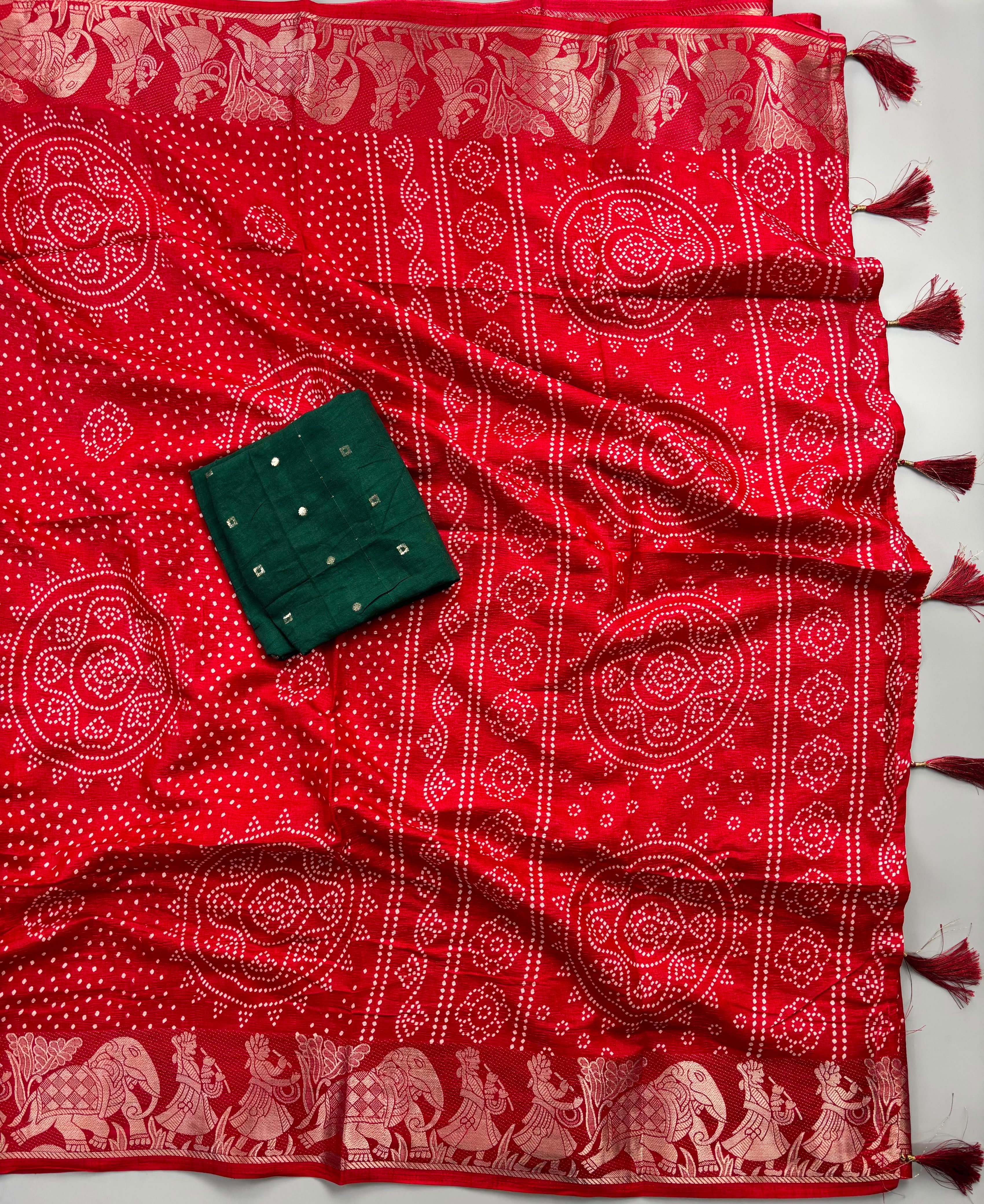 Evocative Festive Wear Dola Silk Bandhani Print Zari Border Fancy Saree With Contrast Blouse Piece