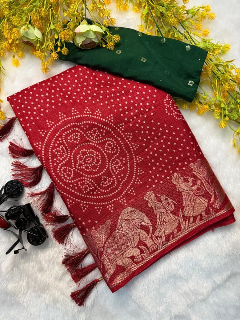 Evocative Festive Wear Dola Silk Bandhani Print Zari Border Fancy Saree With Contrast Blouse Piece