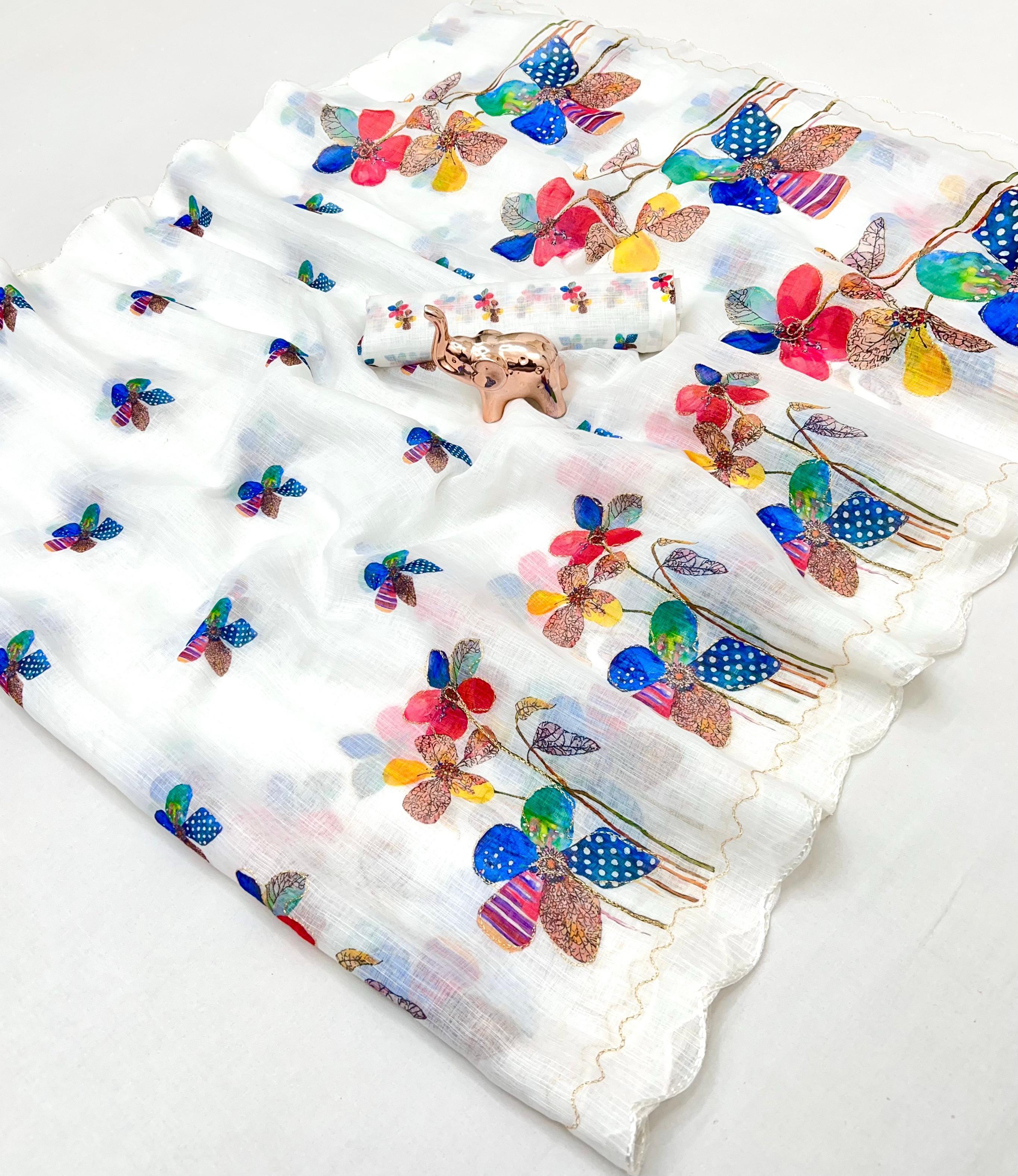 Heritage Party Wear Linen Cotton Digital Print n Thread Work Fancy Saree With Blouse Piece