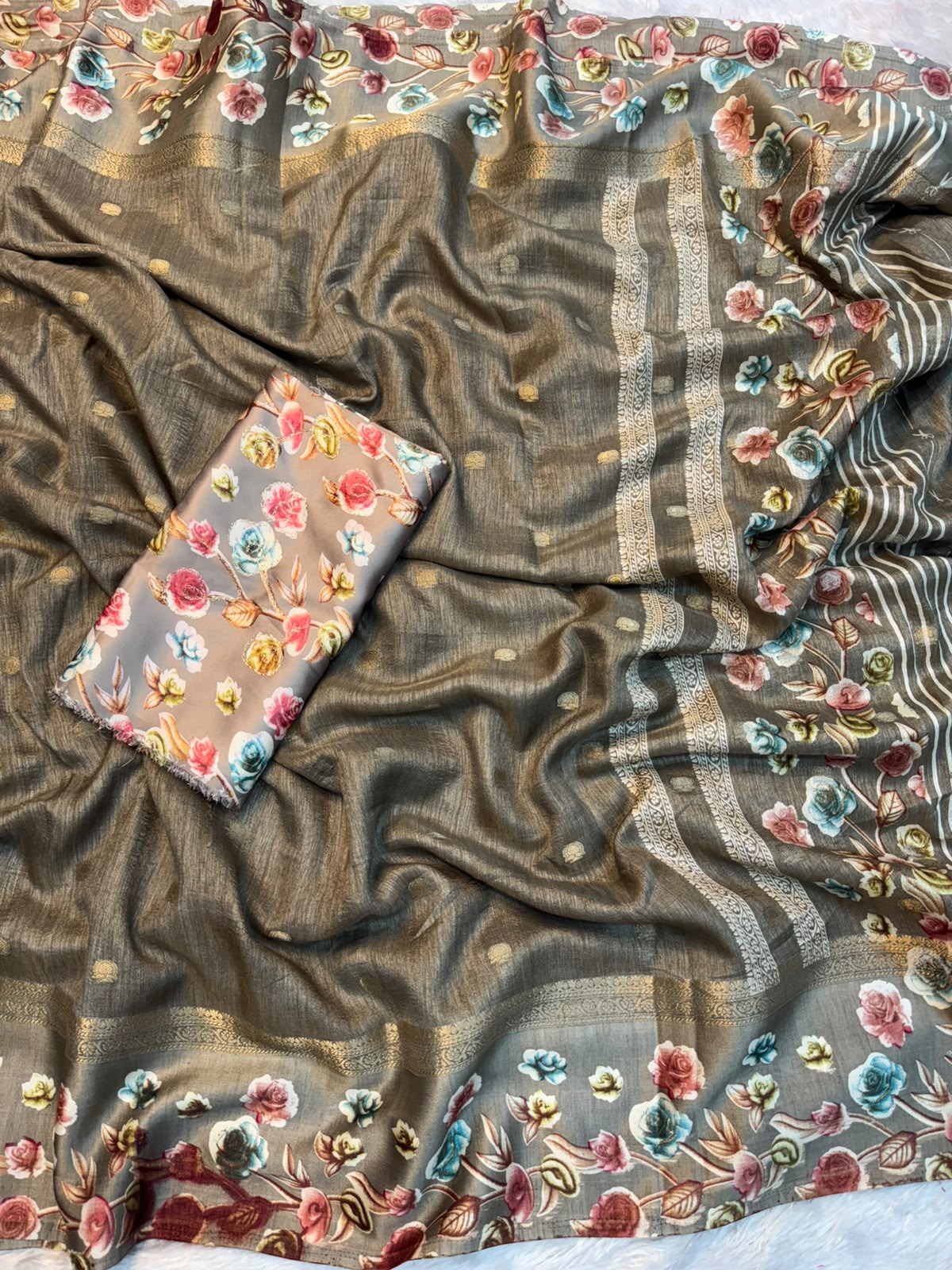 Alverina Party Wear Soft Silk Zari Weaving Border Floral Print Designer Saree With Blissful Blouse Piece
