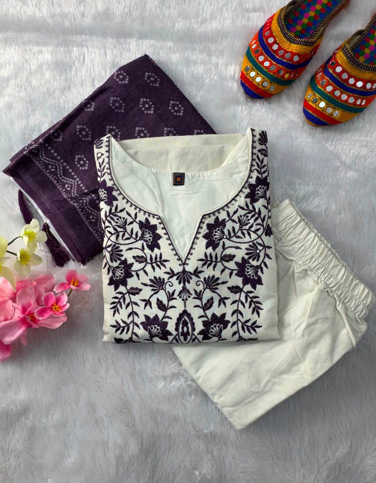 Charming Festive Wear  Cotton Embroidery Work Designer Straight Kurta With Trouser n Dupatta Set