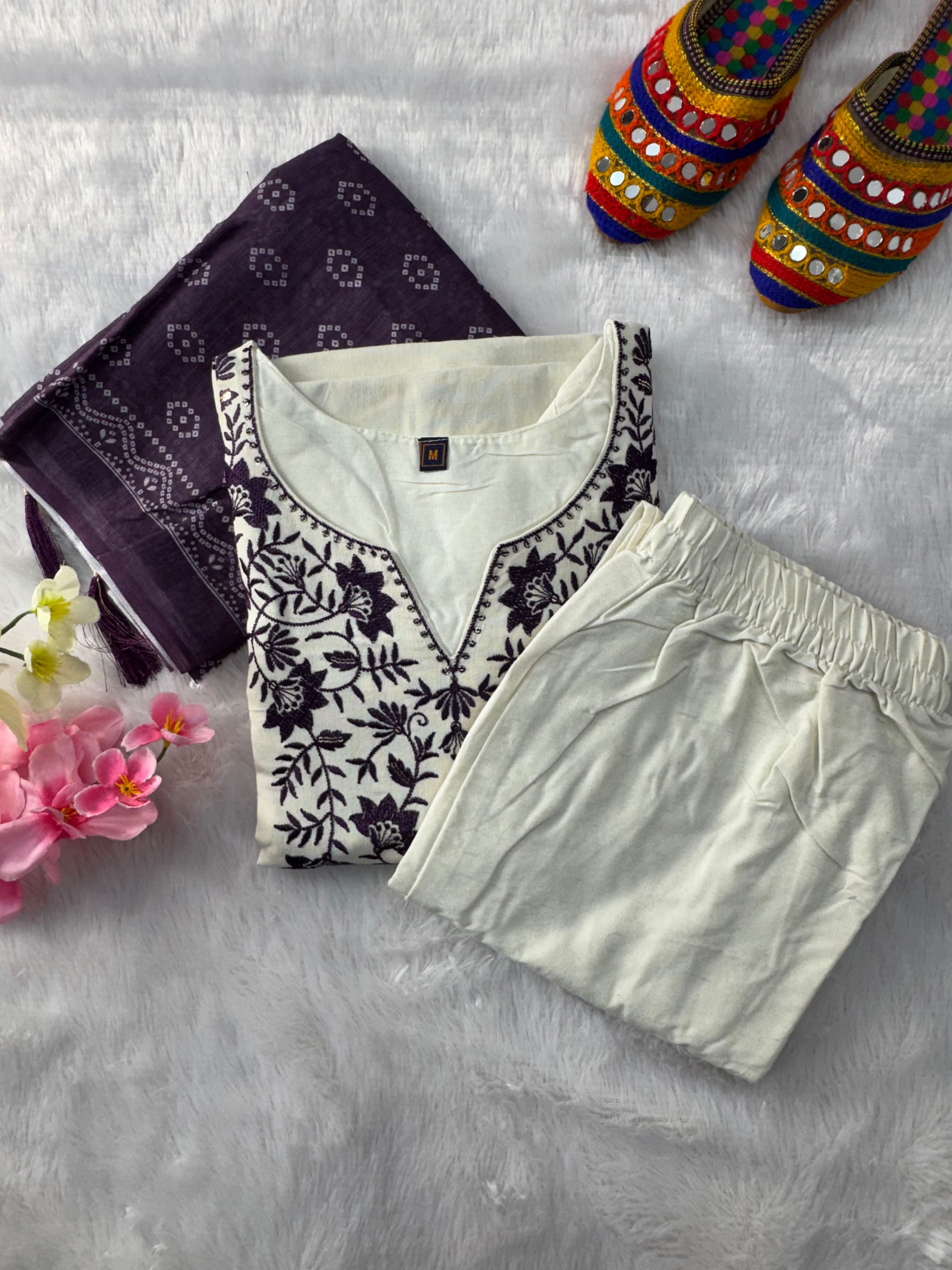 Charming Festive Wear  Cotton Embroidery n Sequence Work Designer Straight Kurta With Trouser n Dupatta Set