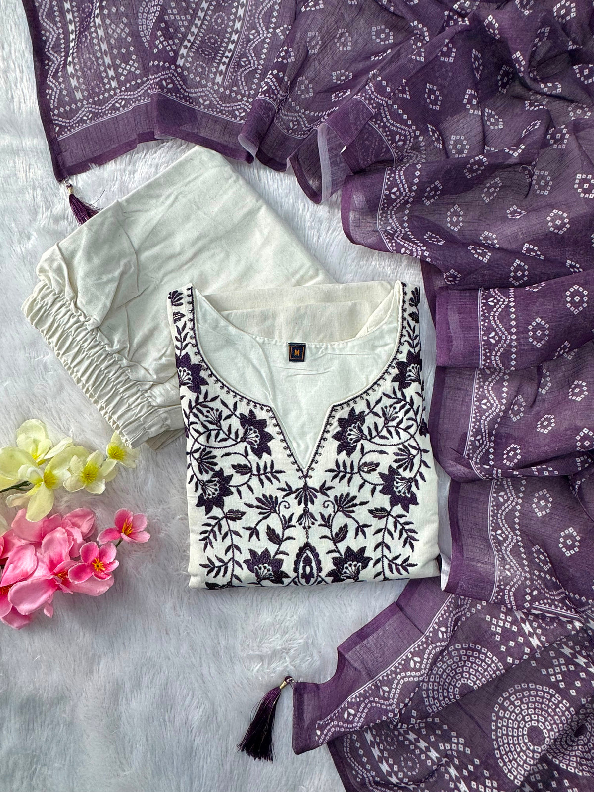 Charming Festive Wear  Cotton Embroidery Work Designer Straight Kurta With Trouser n Dupatta Set