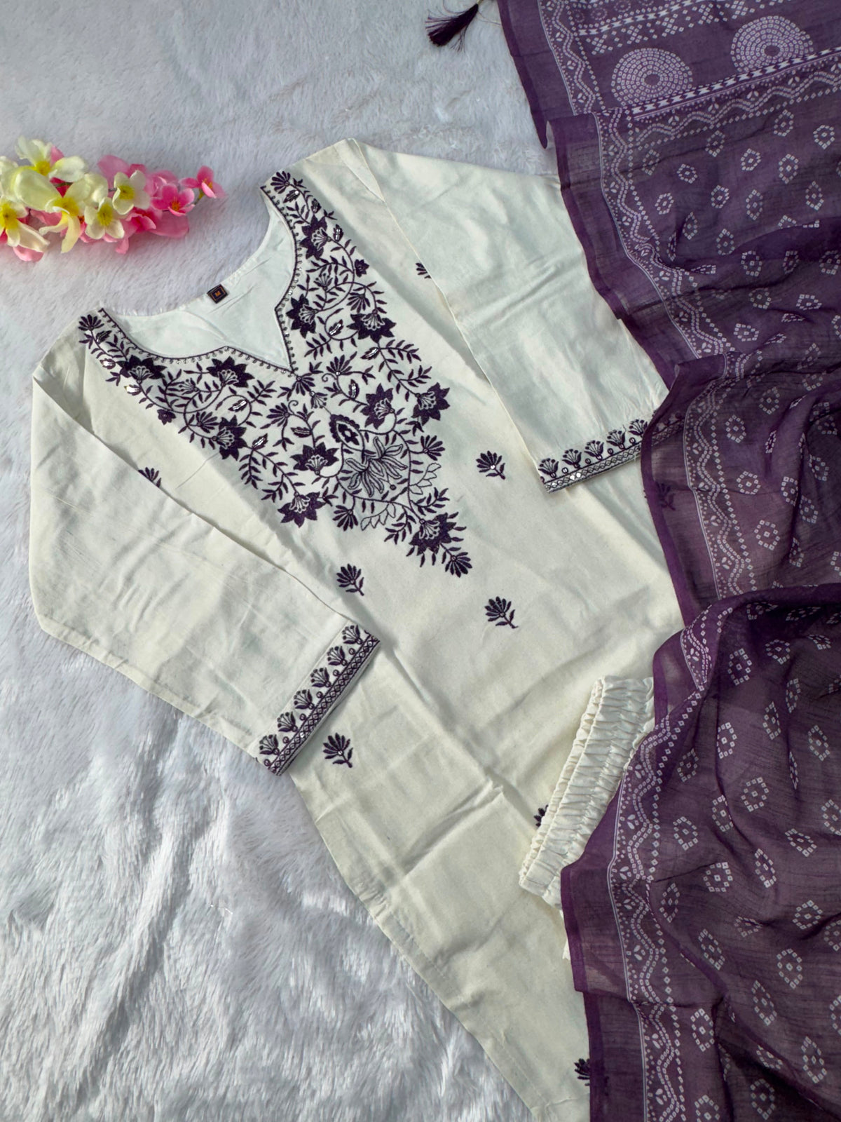 Charming Festive Wear  Cotton Embroidery Work Designer Straight Kurta With Trouser n Dupatta Set