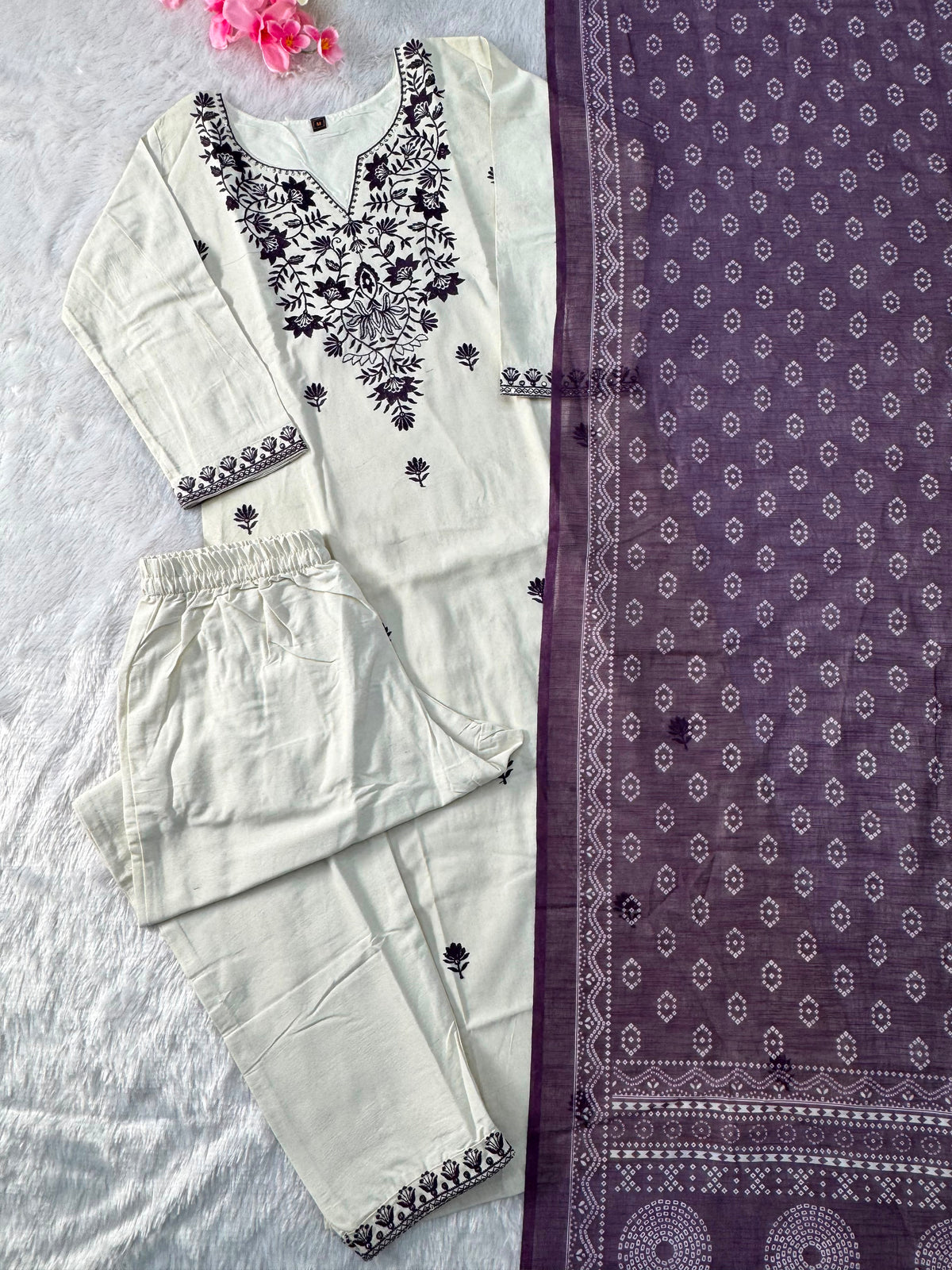 Charming Festive Wear  Cotton Embroidery Work Designer Straight Kurta With Trouser n Dupatta Set