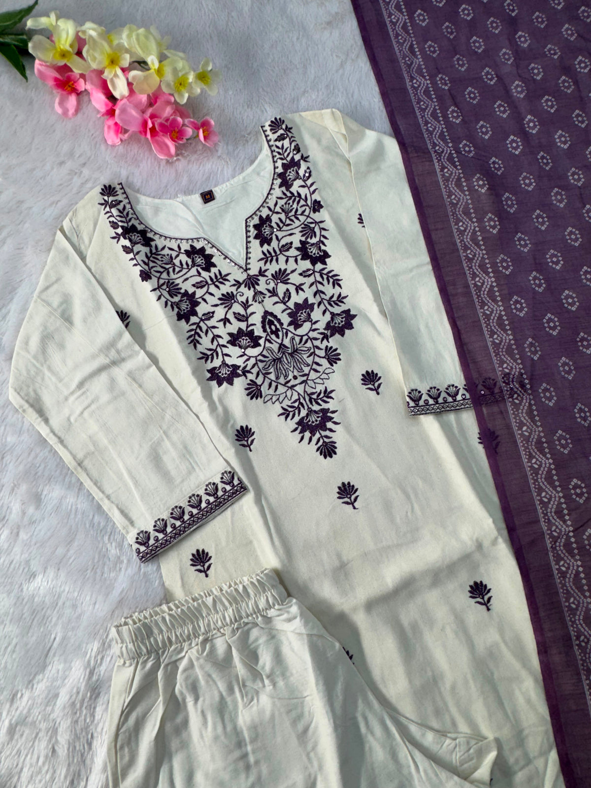 Charming Festive Wear  Cotton Embroidery Work Designer Straight Kurta With Trouser n Dupatta Set