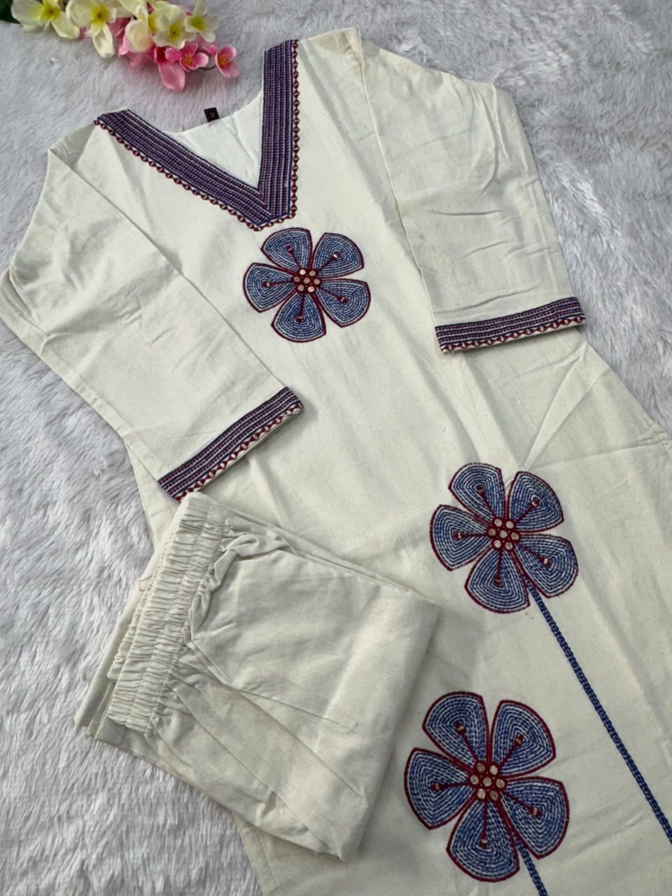 Charismatic Party Wear Cotton  Embroidery n Sequence Work Designer Straight Kurta With Trouser n Dupatta Set