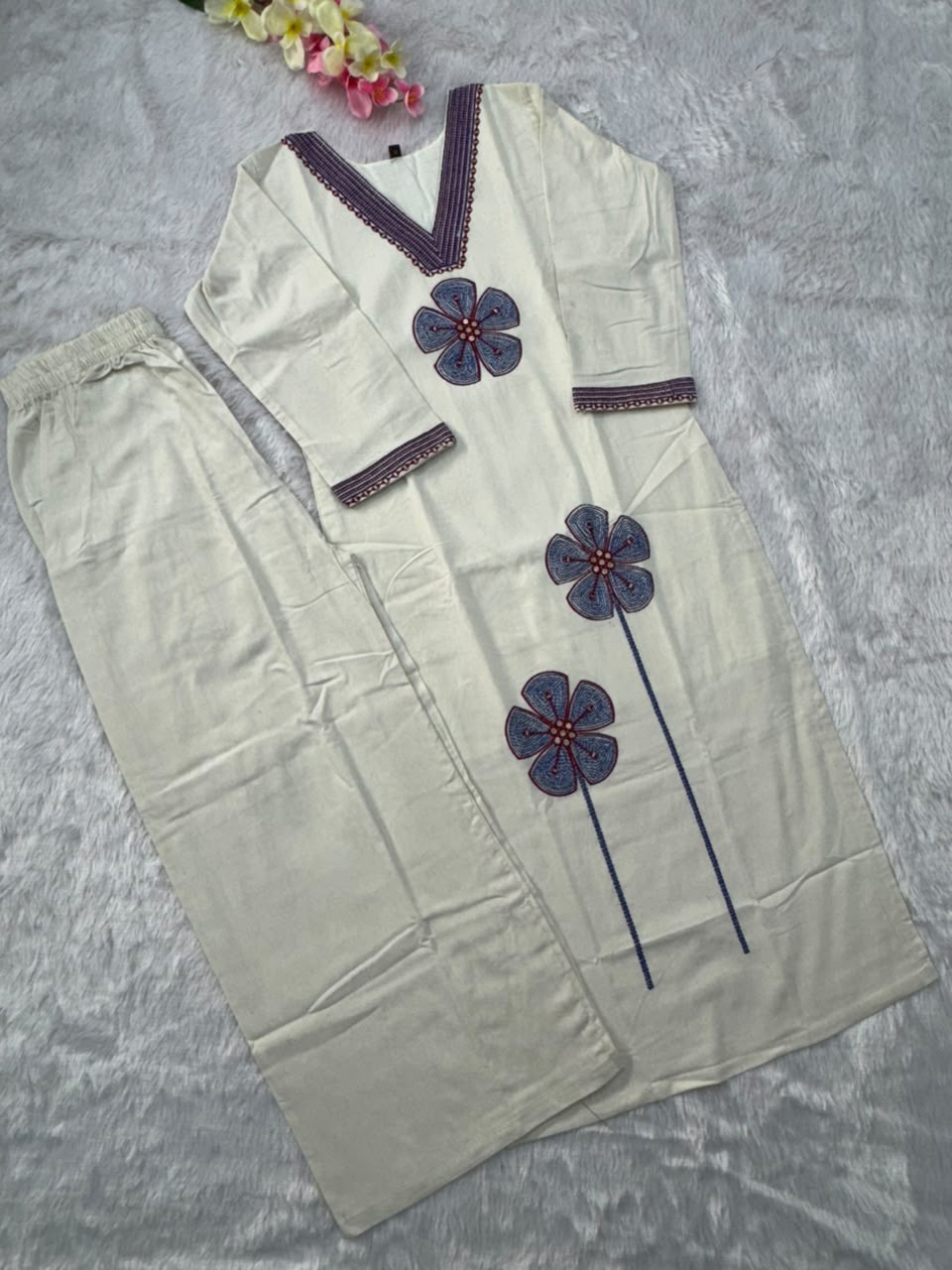 Charismatic Party Wear Cotton  Embroidery n Sequence Work Designer Straight Kurta With Trouser n Dupatta Set
