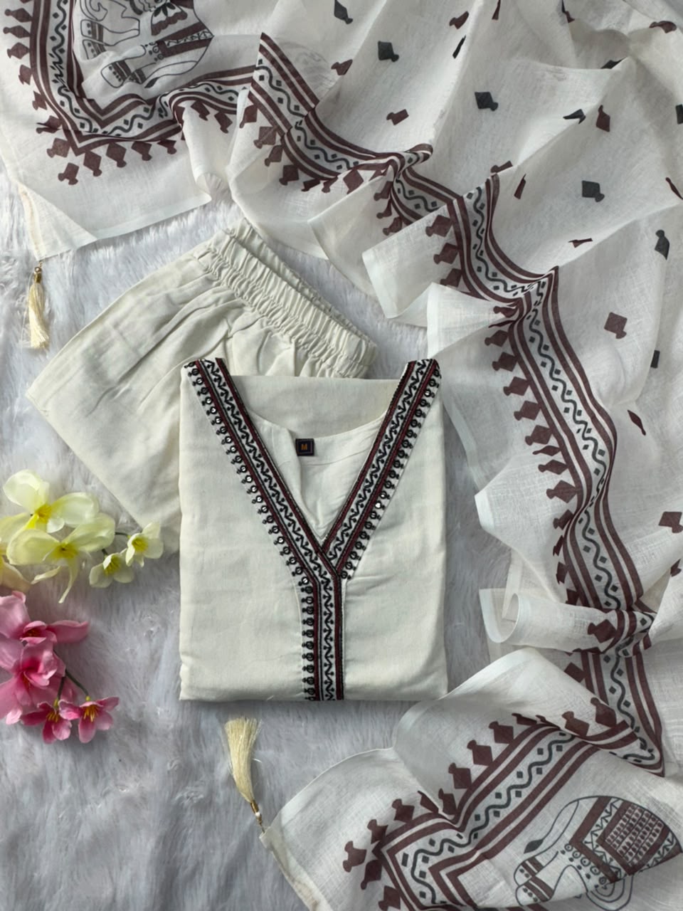 Ravishing Wedding Wear Cotton Embroidery Work Designer Straight Kurta With Trouser n Dupatta Set