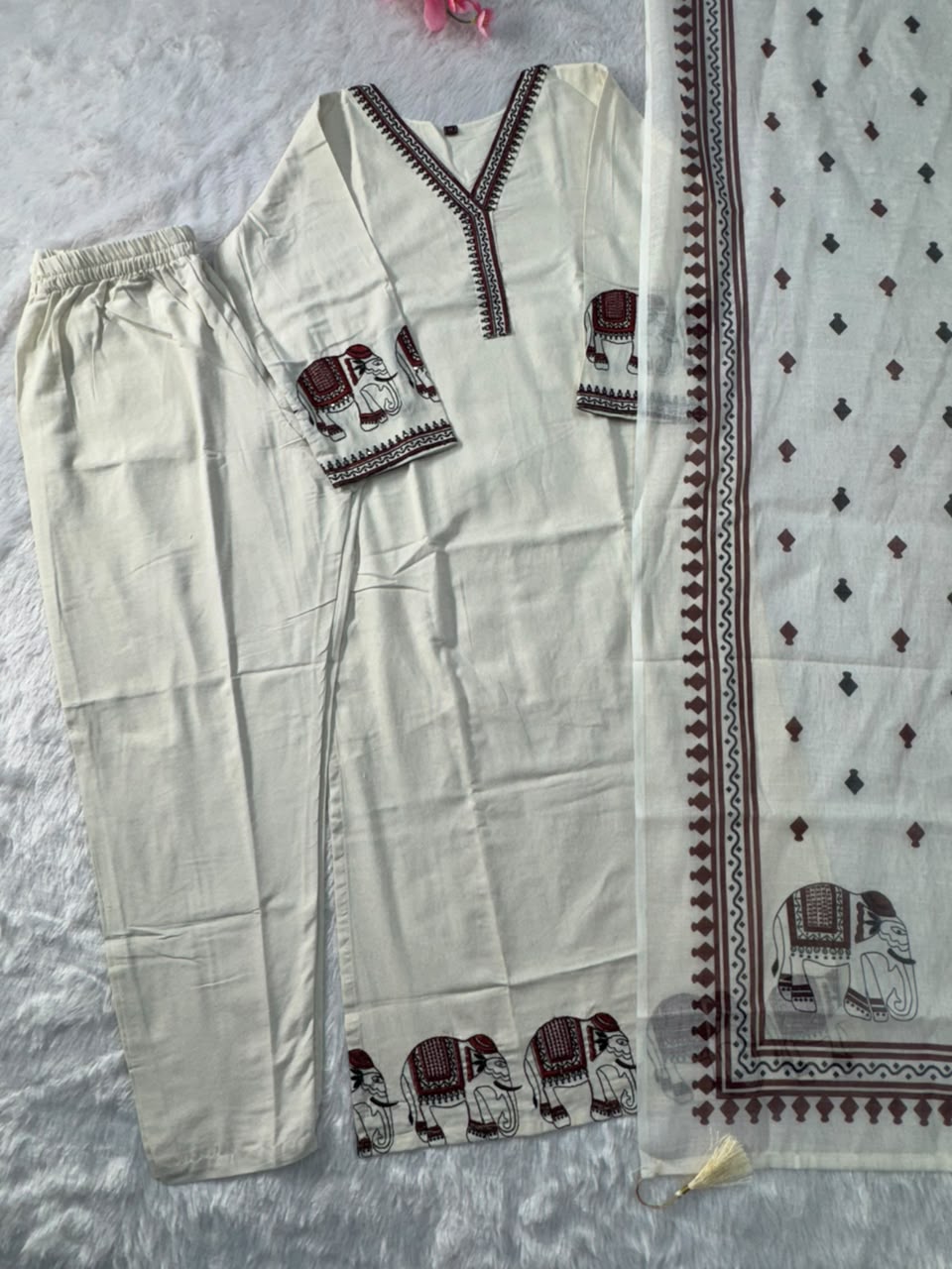 Ravishing Wedding Wear Cotton Embroidery Work Designer Straight Kurta With Trouser n Dupatta Set