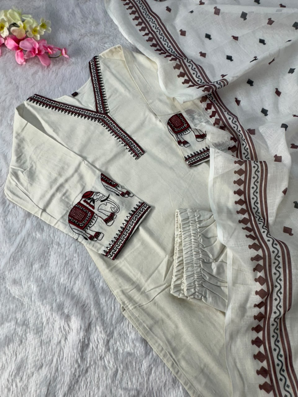 Ravishing Wedding Wear Cotton Embroidery Work Designer Straight Kurta With Trouser n Dupatta Set