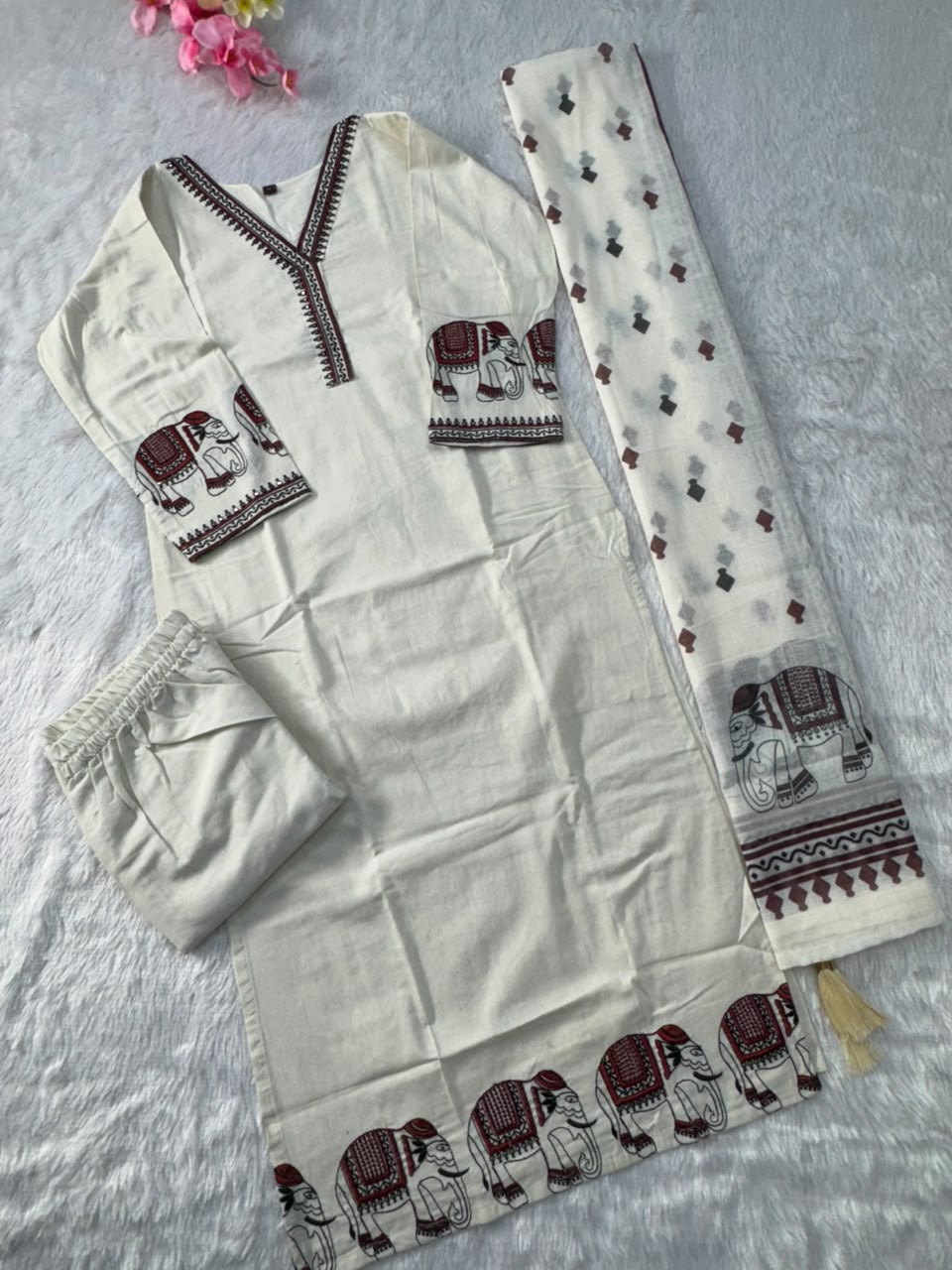 Ravishing Wedding Wear Cotton Embroidery Work Designer Straight Kurta With Trouser n Dupatta Set