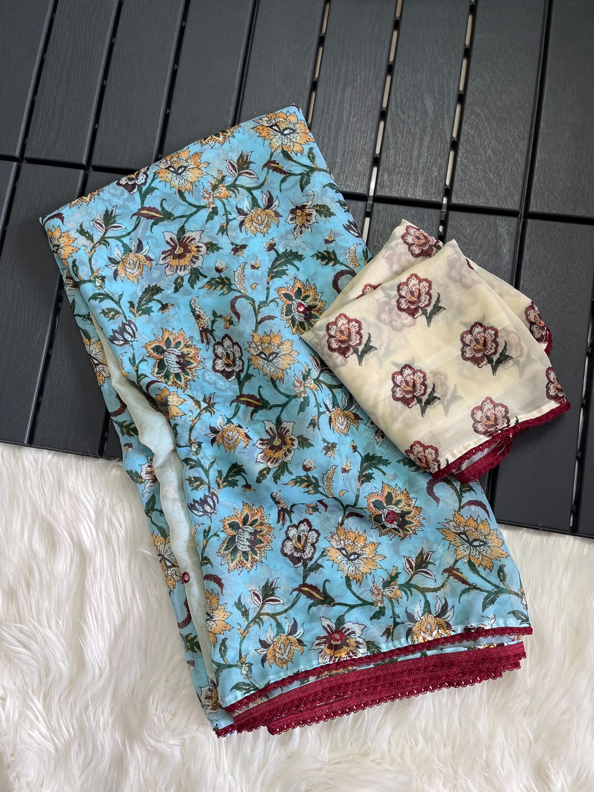 Alverina Festive Wear Soft Georgette Print Design Mirror Work Lace Border Saree With Blouse Piece