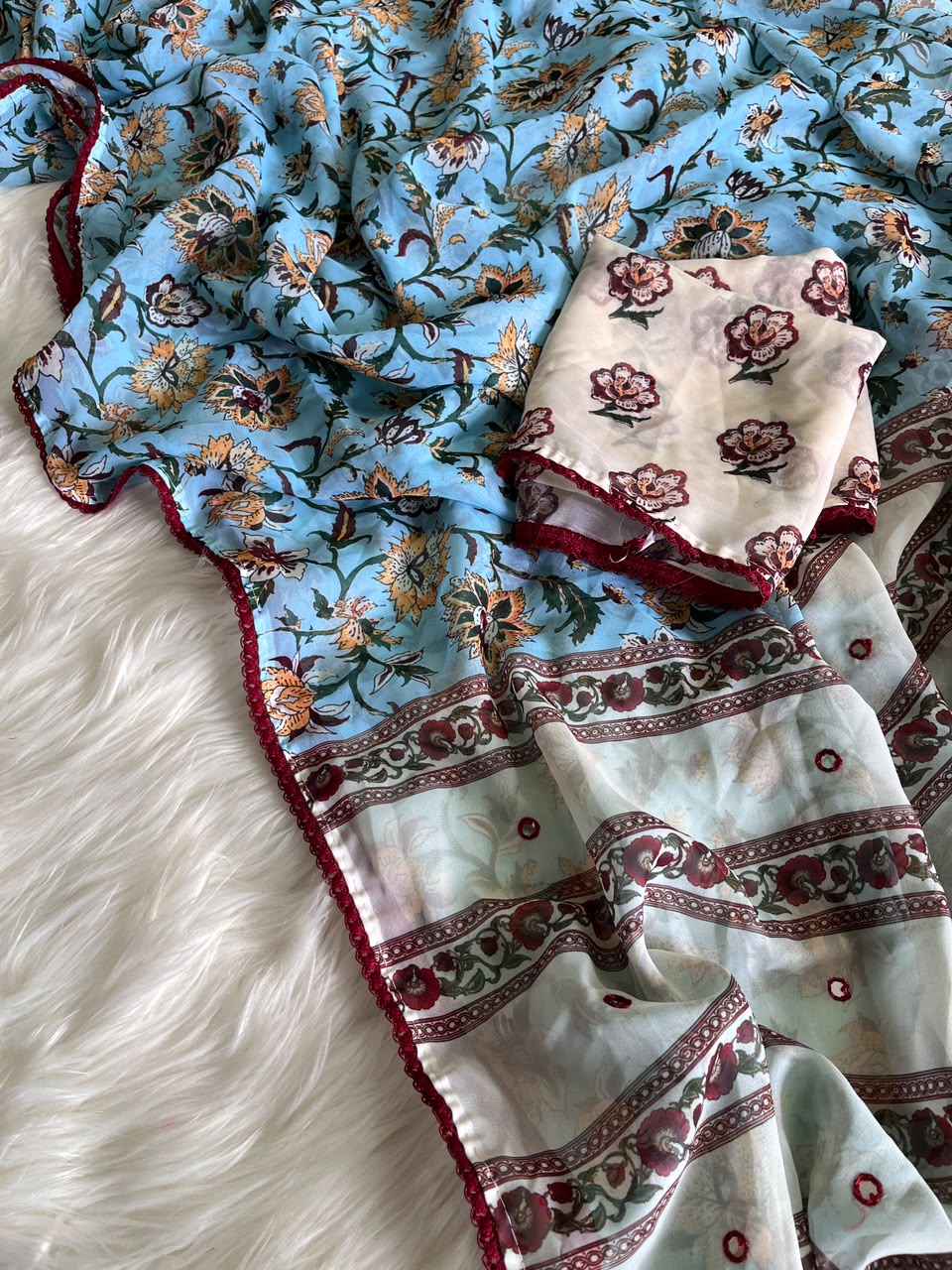 Alverina Festive Wear Soft Georgette Print Design Mirror Work Lace Border Saree With Blouse Piece