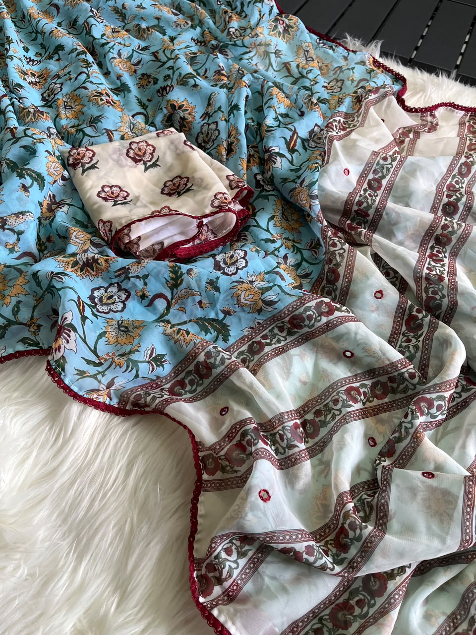 Alverina Festive Wear Soft Georgette Print Design Mirror Work Lace Border Saree With Blouse Piece