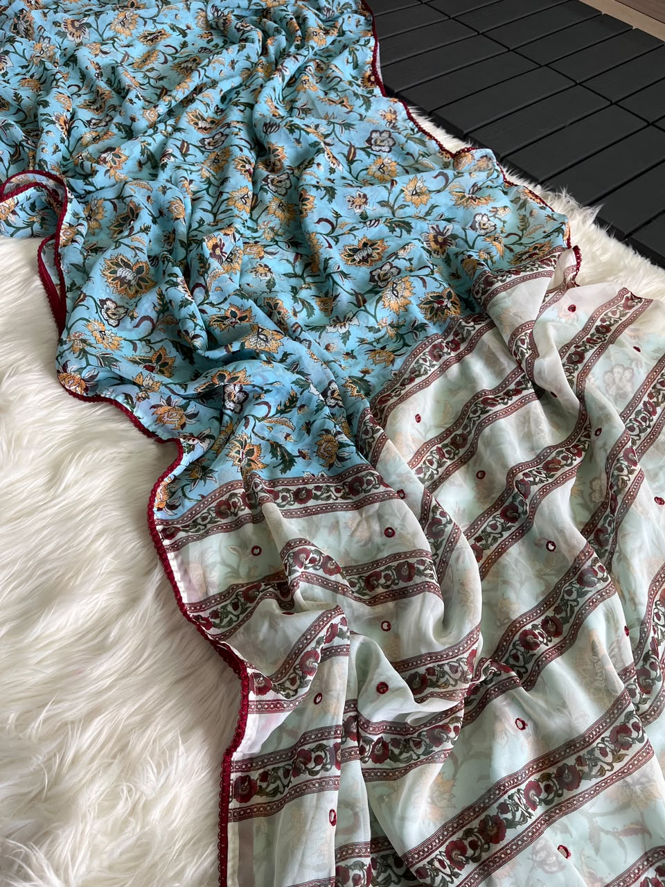 Alverina Festive Wear Soft Georgette Print Design Mirror Work Lace Border Saree With Blouse Piece