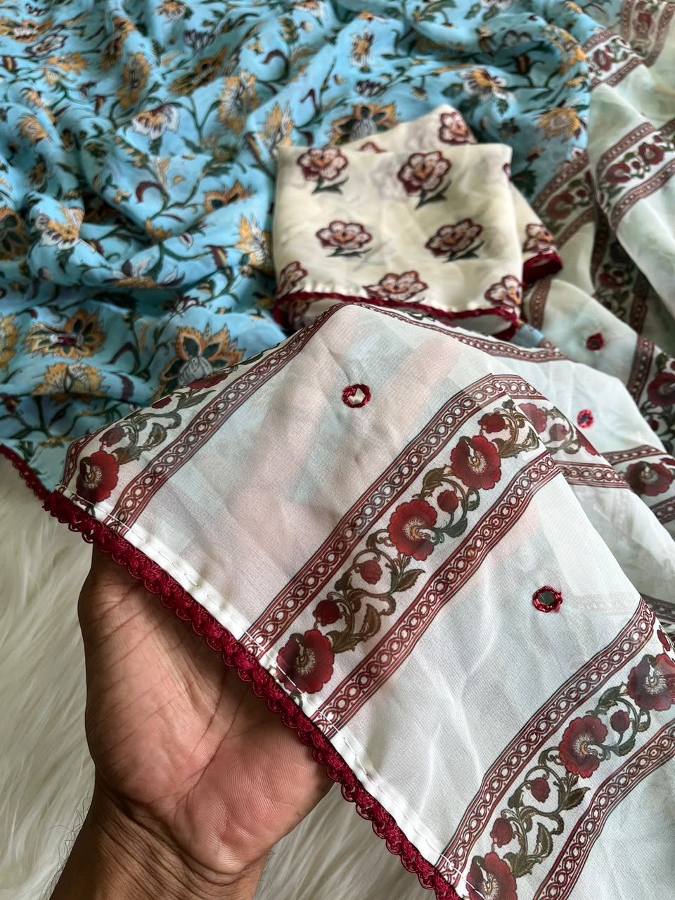 Alverina Festive Wear Soft Georgette Print Design Mirror Work Lace Border Saree With Blouse Piece
