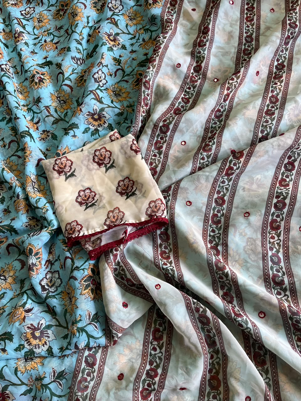 Alverina Festive Wear Soft Georgette Print Design Mirror Work Lace Border Saree With Blouse Piece