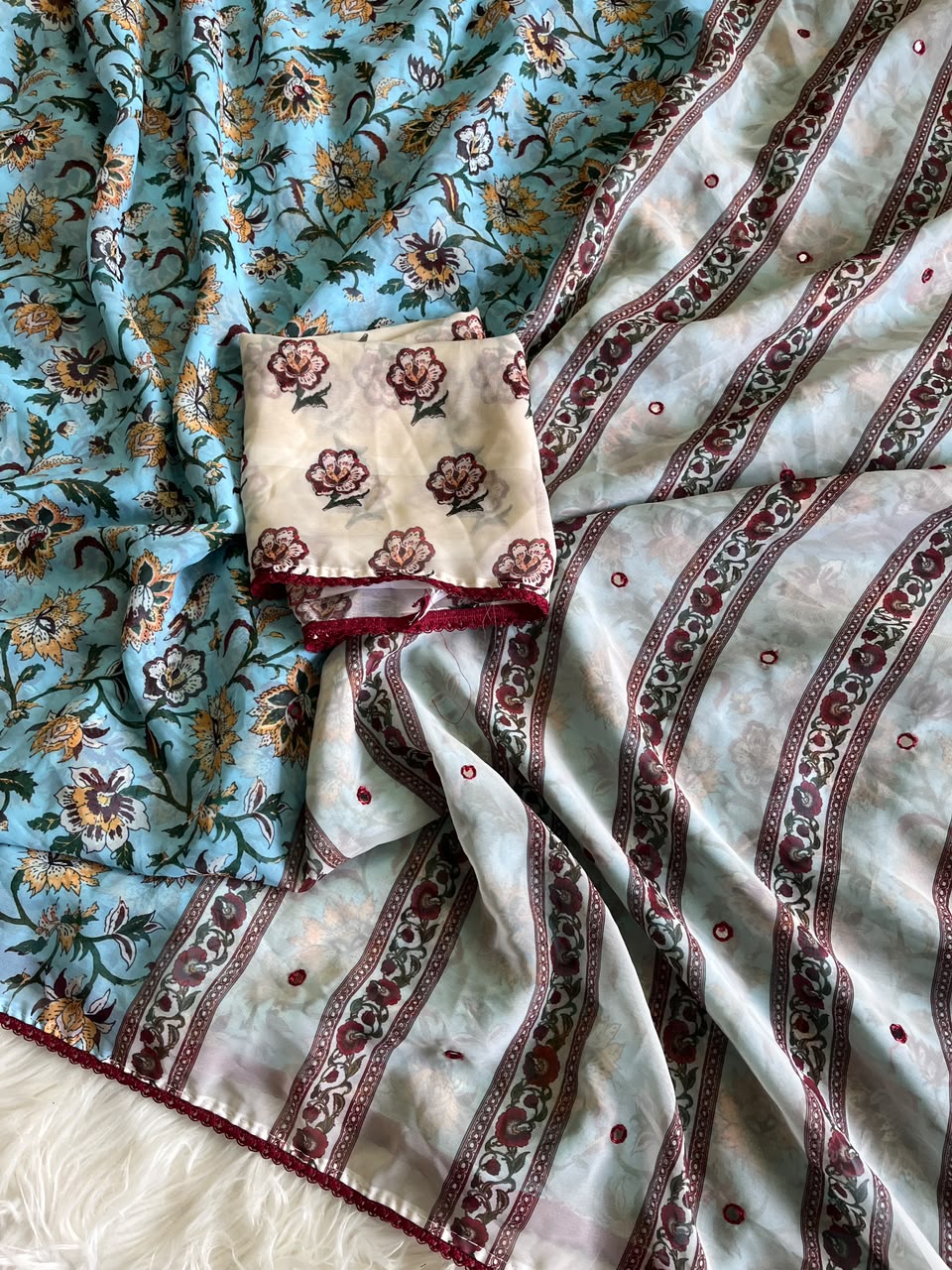 Alverina Festive Wear Soft Georgette Print Design Mirror Work Lace Border Saree With Blouse Piece