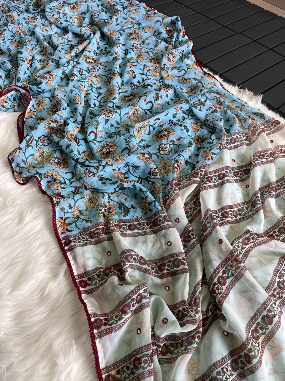 Alverina Festive Wear Soft Georgette Print Design Mirror Work Lace Border Saree With Blouse Piece