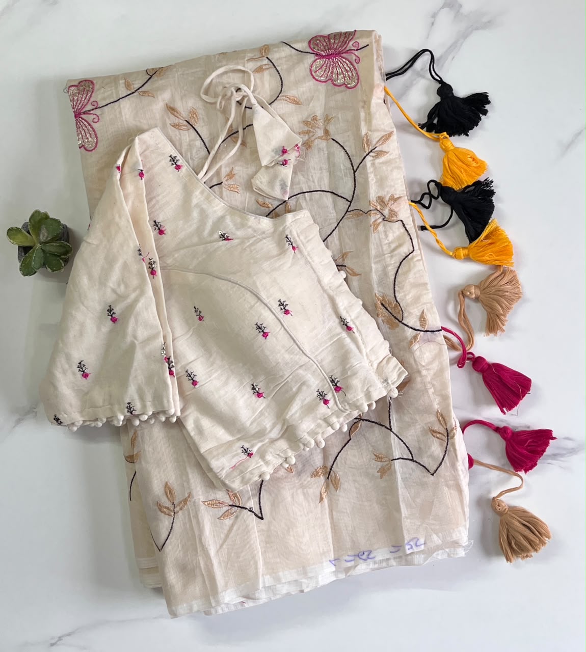 Marvellous Festive Wear Chanderi Cotton Embroidery n Tussels Work Fancy Saree With Stitched Blouse
