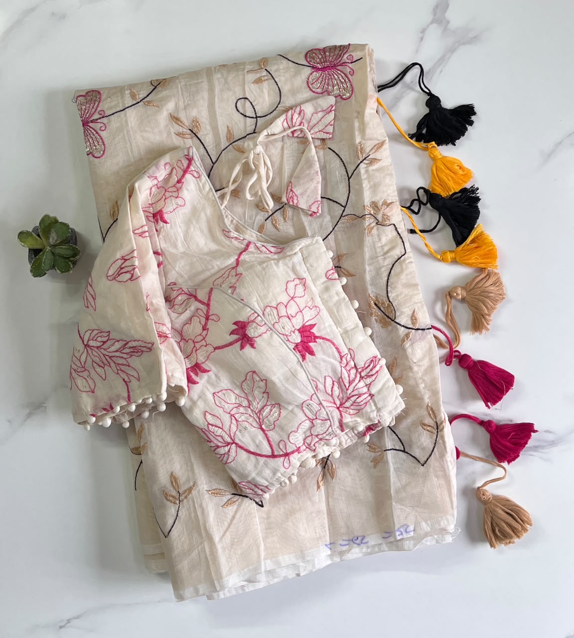 Marvellous Festive Wear Chanderi Cotton Embroidery n Tussels Work Fancy Saree With Stitched Blouse