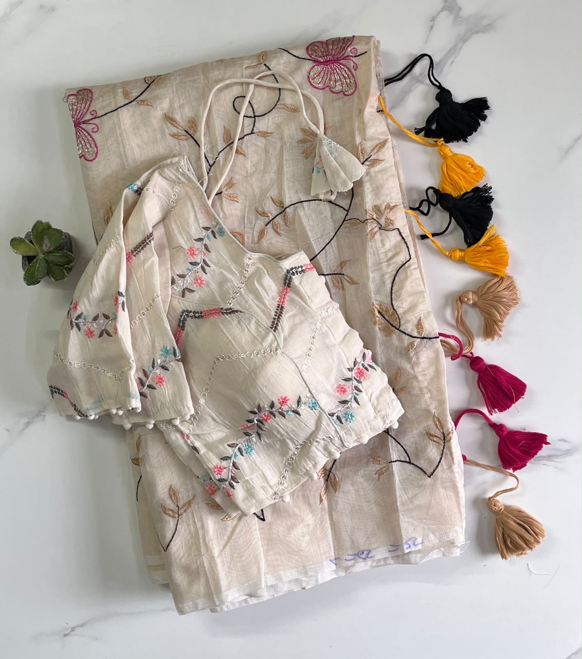 Marvellous Festive Wear Chanderi Cotton Embroidery n Tussels Work Fancy Saree With Stitched Blouse