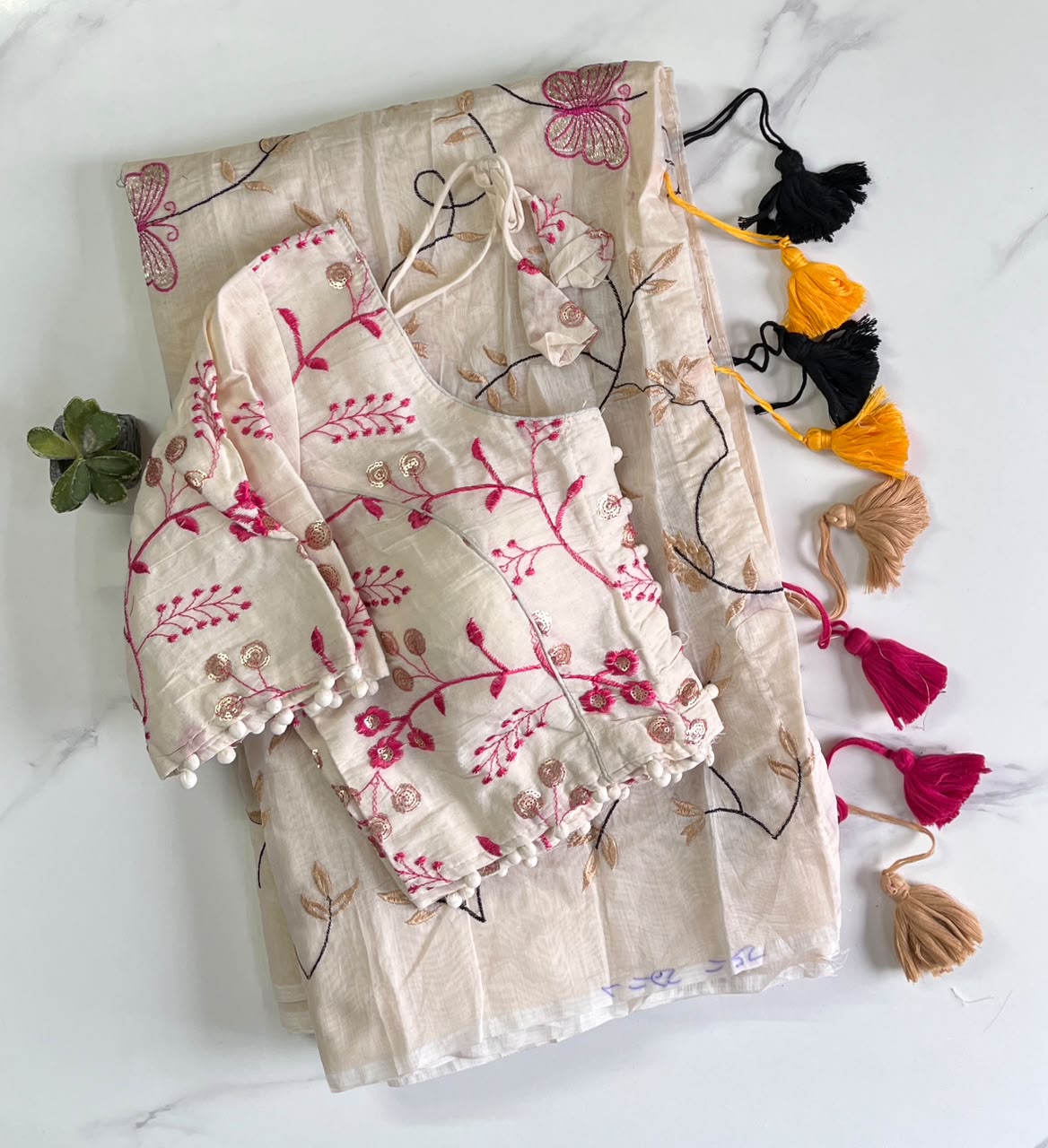 Marvellous Festive Wear Chanderi Cotton Embroidery n Tussels Work Fancy Saree With Stitched Blouse