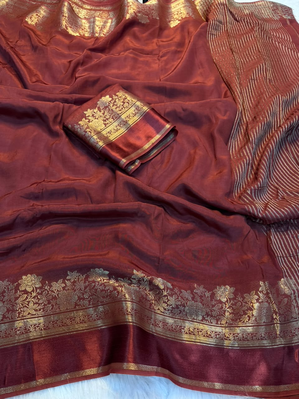 Fantabulous Party Wear Viscose Silk Satin Border Zari Design Fancy Saree With Blouse Piece