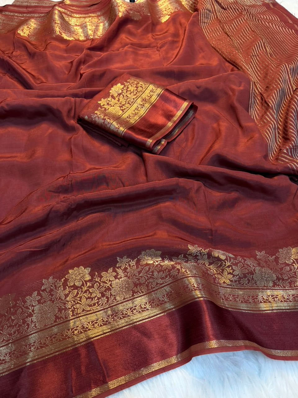 Fantabulous Party Wear Viscose Silk Satin Border Zari Design Fancy Saree With Blouse Piece