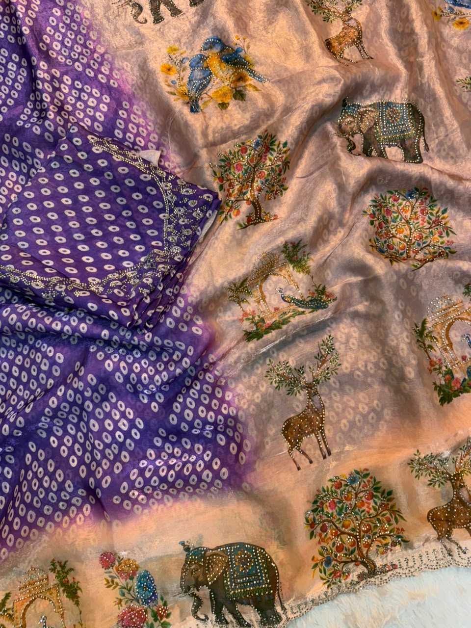 Adorning Function Wear Silk Digital n Bandhani Print Siroski Work Designer Saree