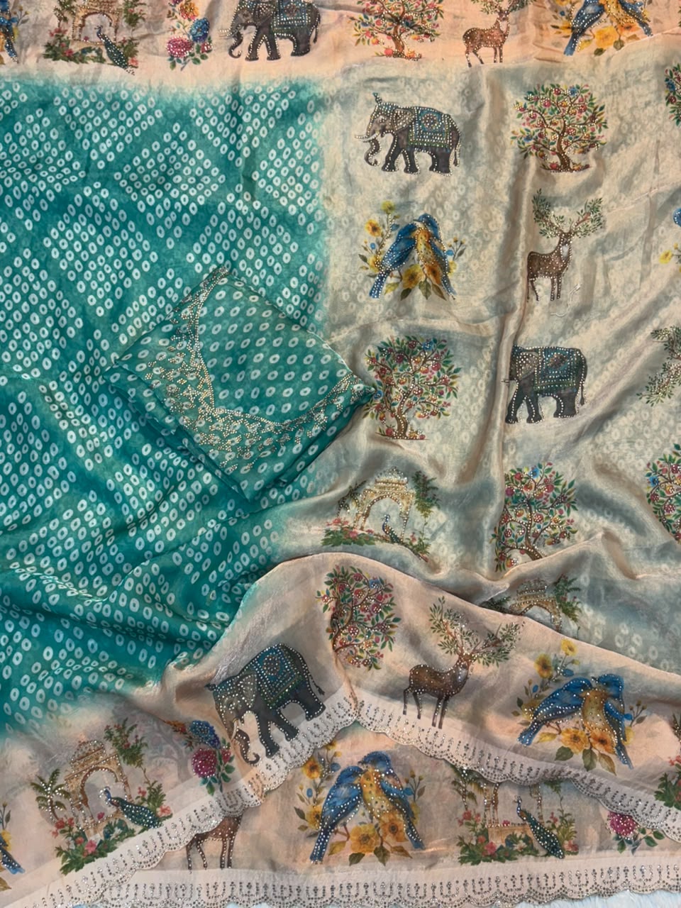 Adorning Function Wear Silk Digital n Bandhani Print Siroski Work Designer Saree